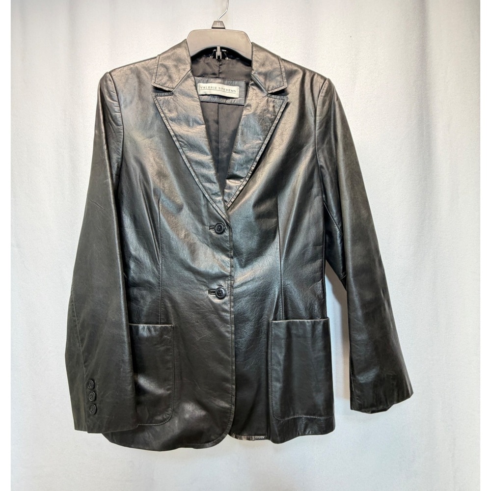Valerie Stevens Leather Blazer Women Medium Black Two Button Professional Jacket